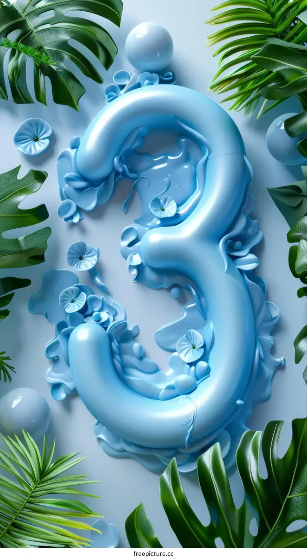 Blue 3D Number 3 with Tropical Leaves and Flowers