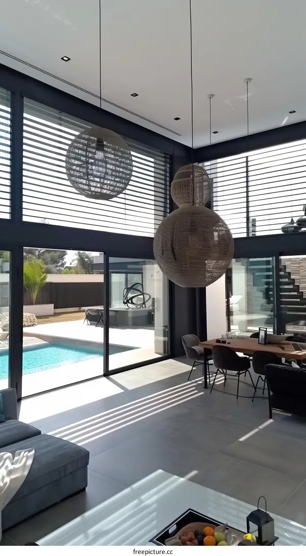 Modern house interior with large windows and designer pendant lights