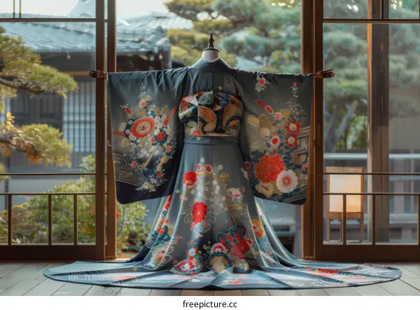 A kimono with a floral pattern displayed in a traditional Japanese room