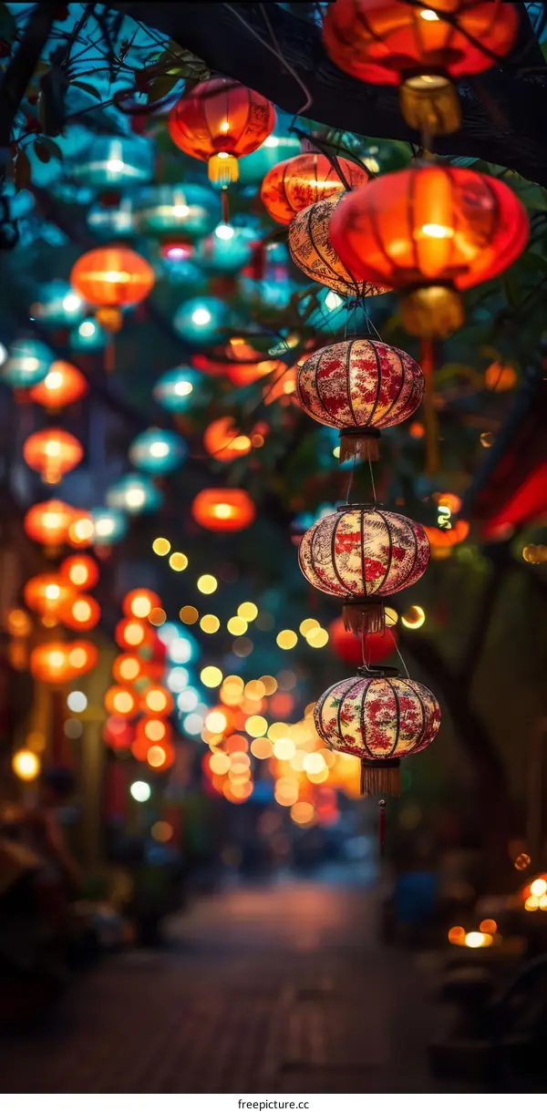 Red lanterns illuminating the street