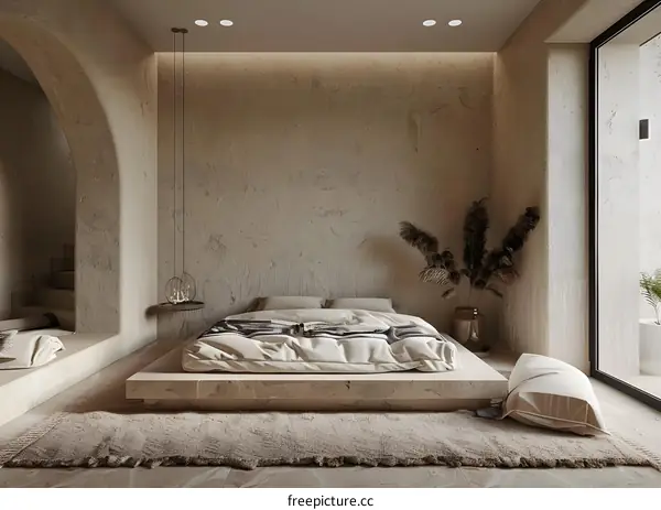 Minimalist Bedroom Interior Design With Beige Walls And A Platform Bed