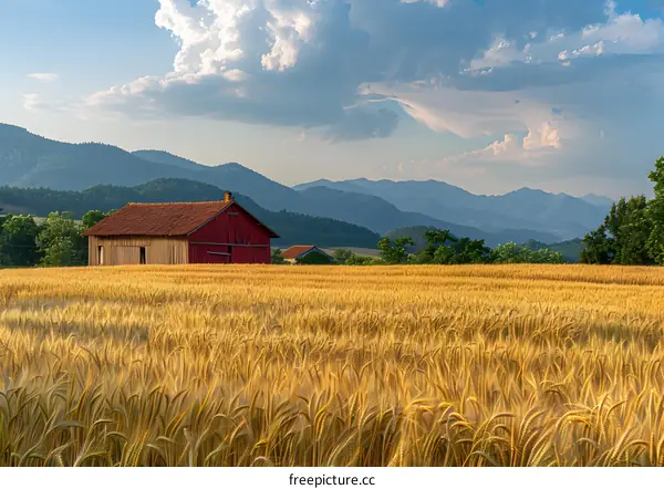 Red Barn In A Field Of Wheat With Mountains In The Background