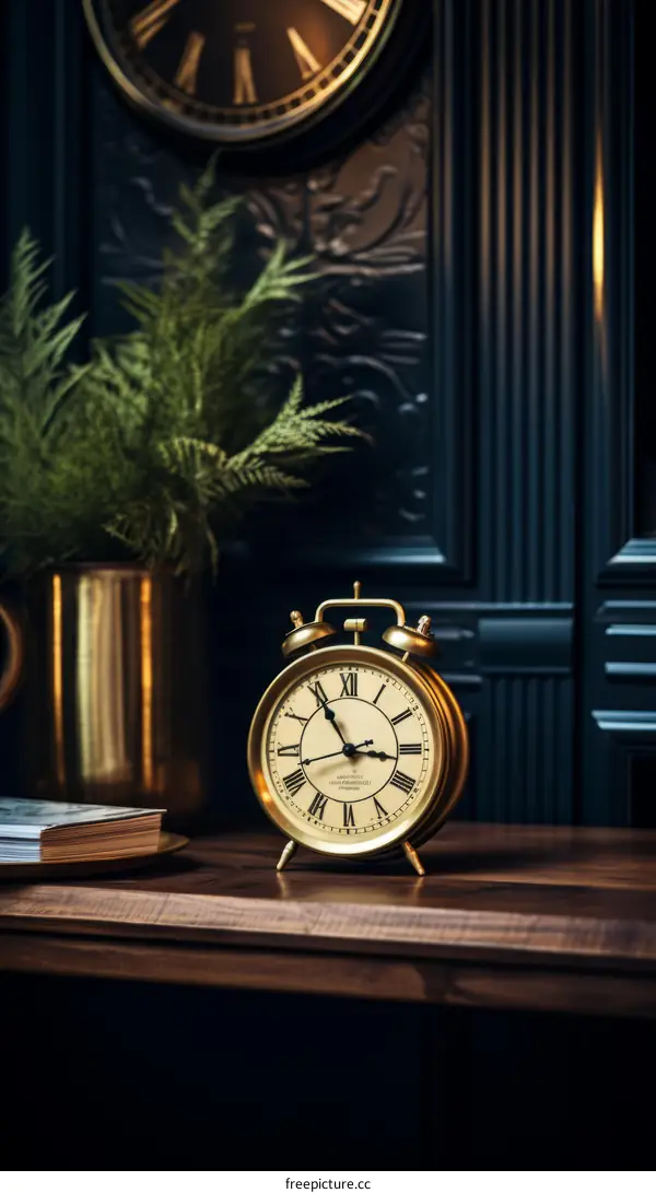 An illustration of a vintage alarm clock on a wooden table