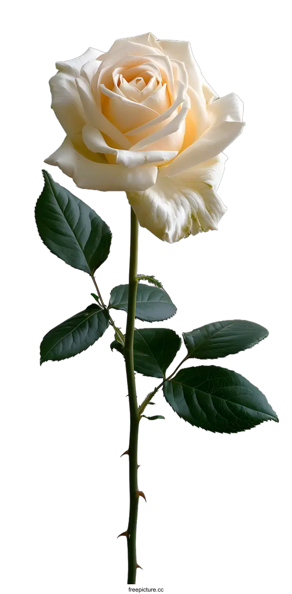 [Transparent Background PNG]Single white rose with long stem and green leaves