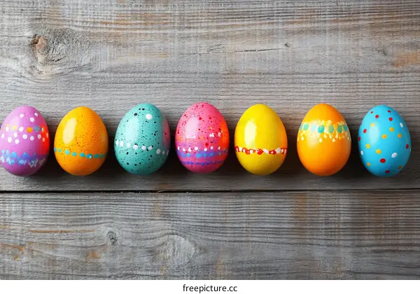 Colorful Painted Easter Eggs on Wooden Background