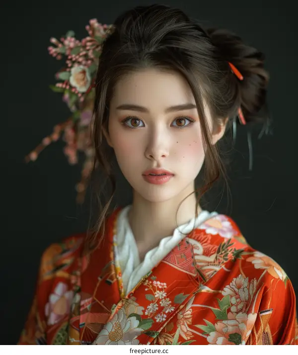 Portrait of a young woman in a red kimono