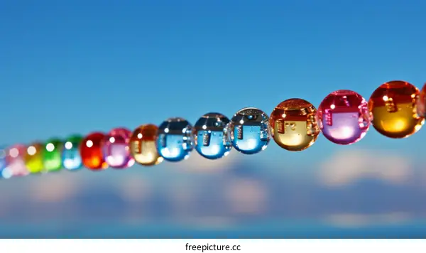 Colorful Glass Beads Hanging on a String Against a Blue Sky