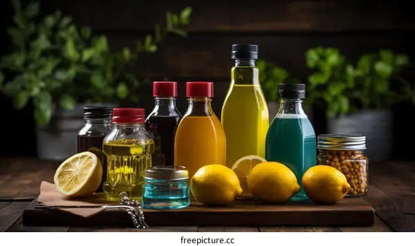 A variety of salad dressings and oils with lemons on a wooden table