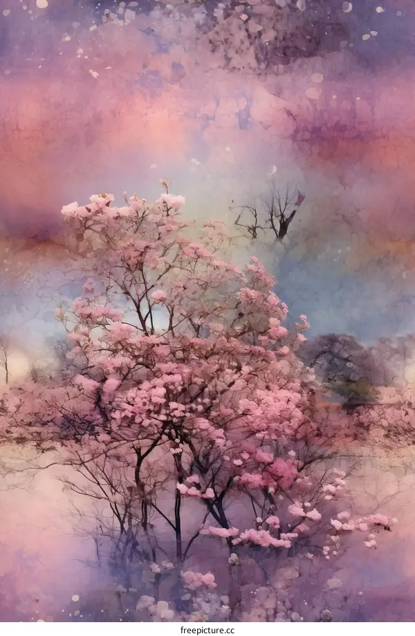 Pink blossom trees in a foggy forest with a colorful sky