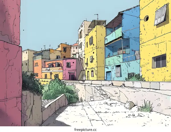 A street scene with colorful buildings