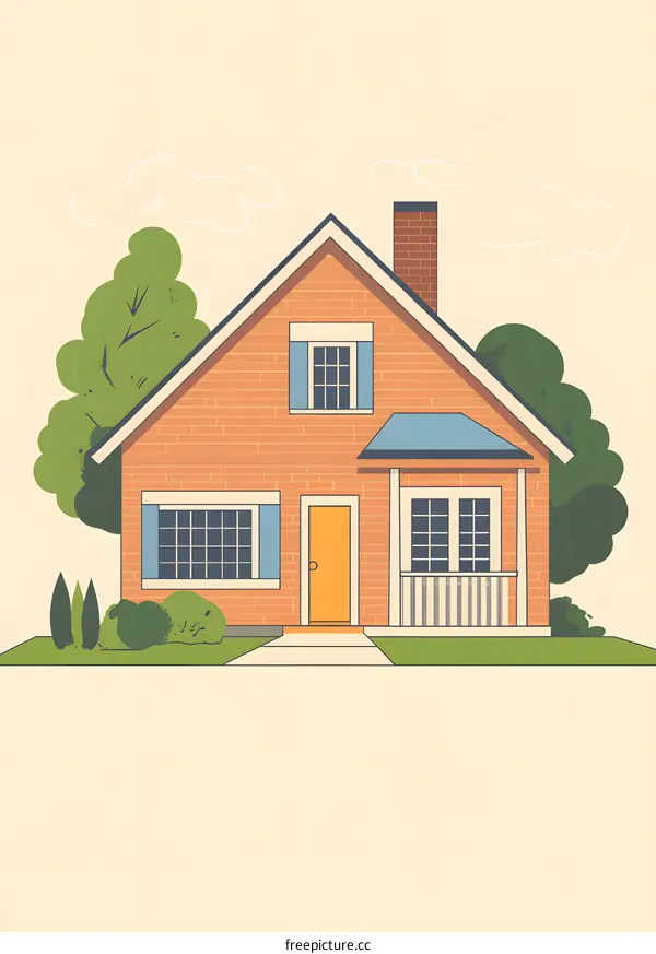 Illustration of a Brick House with Green Trees