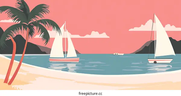 Tropical Island with Sailboats at Sunset