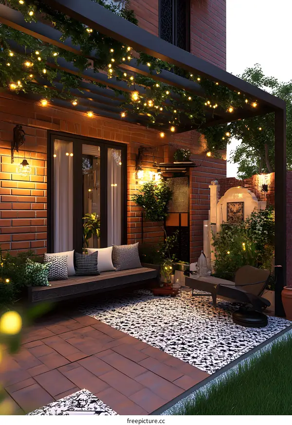 Outdoor Patio Design with Brick Walls and String Lights