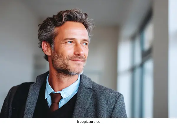 A confident middle-aged man in a formal suit looking away