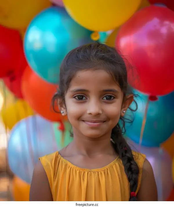 portrait of a smiling Indian girl with colorful balloons in the background