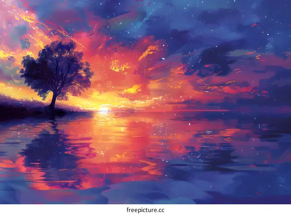 Fantasy landscape with a lonely tree by the lake at sunset