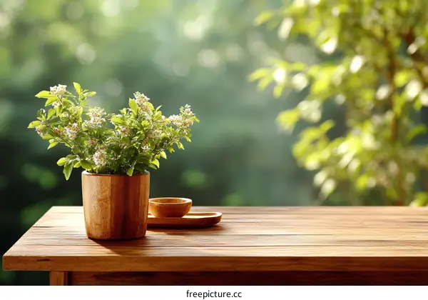 Wooden Table with Flowers in a Pot Outdoor Background