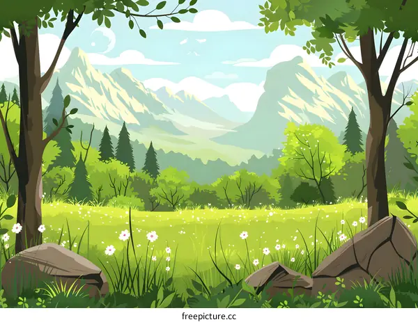 Green Mountain Meadow Landscape Illustration