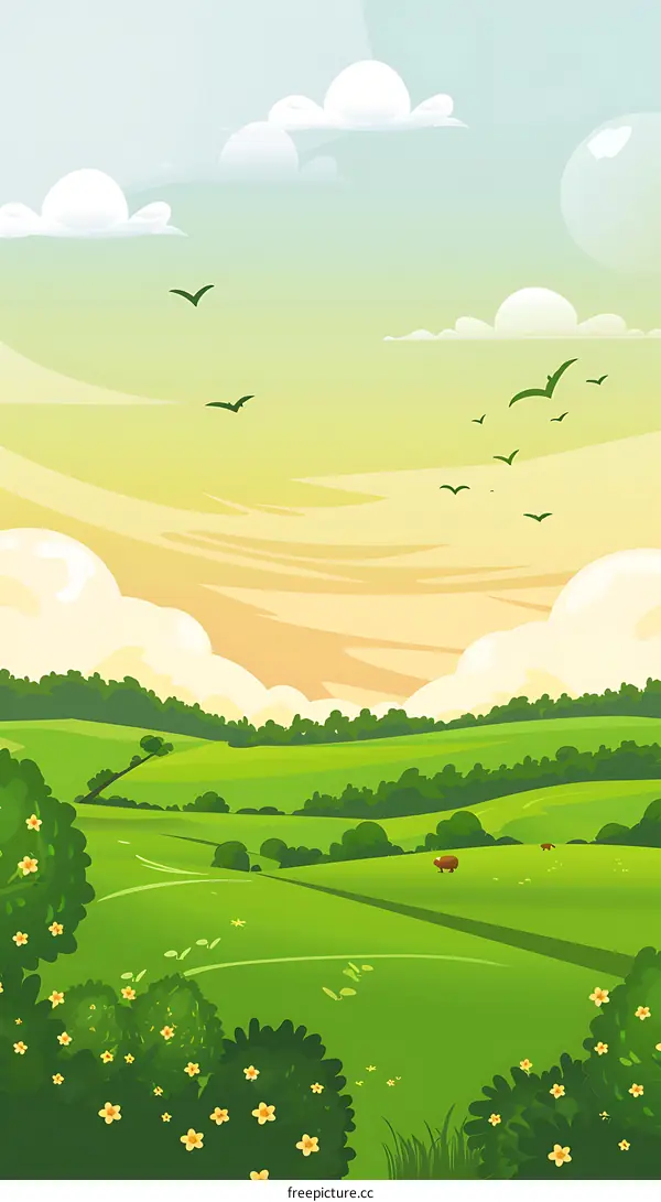 Green Landscape With Rolling Hills And Sky