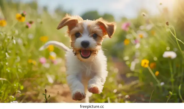 A cute puppy running in a field of flowers