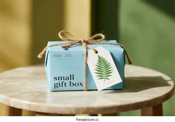 A small blue gift box with a leaf tag on a marble table