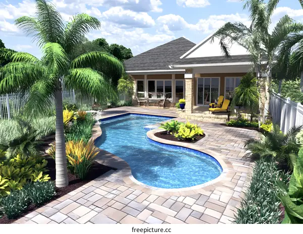 Tropical Backyard Pool and Patio Design with Palm Trees