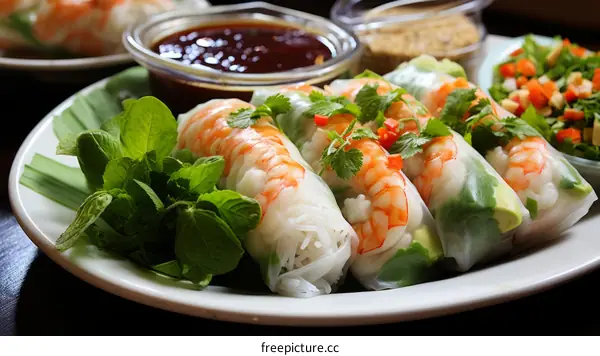 Fresh and delicious Vietnamese summer rolls with shrimp, vegetables, and herbs, served with dipping sauce