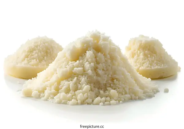 Three piles of grated parmesan cheese