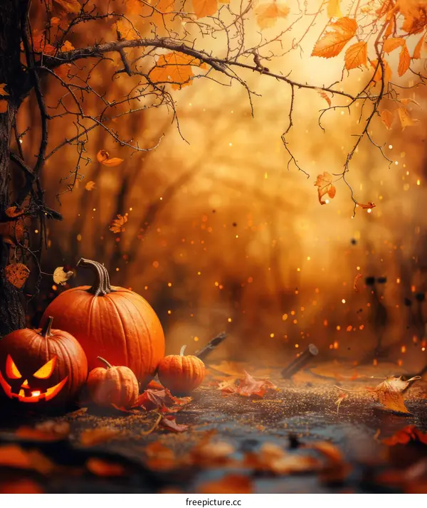 Halloween pumpkins in the woods