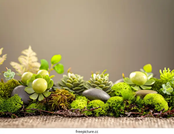 Green Succulents and Moss with Stones on Brown Background