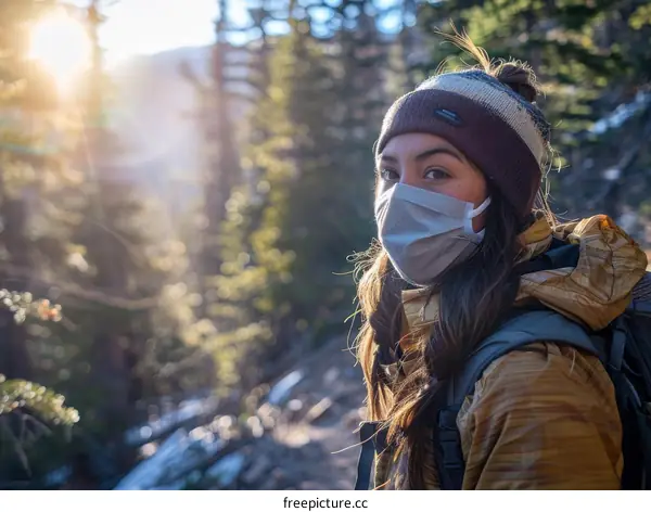 woman wearing a mask hiking in the forest