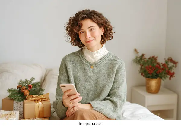 Woman using mobile phone on a cozy bed