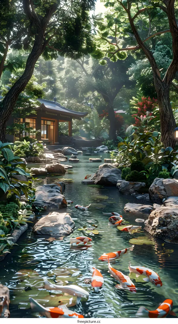 A beautiful landscape of a small stream flowing through a lush forest with colorful koi fish swimming in the water.
