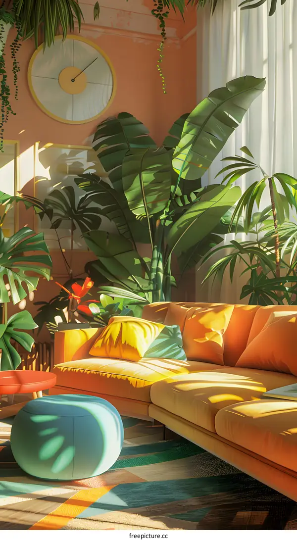 Living Room With Tropical Plants And Sunlight