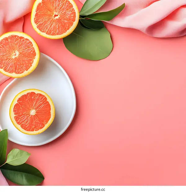 Fresh Grapefruit Slices on Plate with Green Leaves and Pink Background