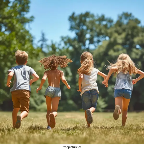 Four children are running on the grass field