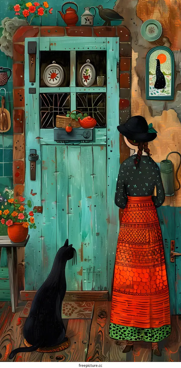 A girl and a black cat are standing in front of a blue door