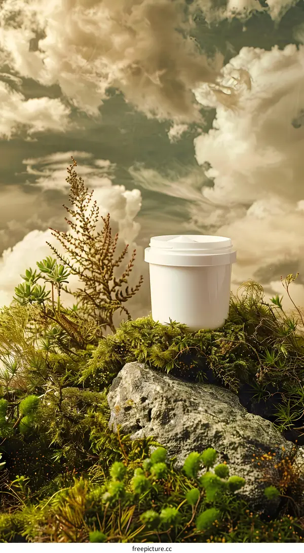 White Plastic Container on a Mossy Rock with a Cloudy Sky Background