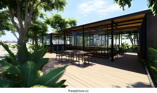 Modern Glass Restaurant with Wooden Deck and Green Tropical Plants