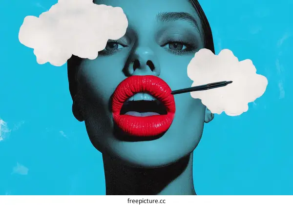 Abstract Pop Art Portrait of a Woman with Clouds and Red Lips