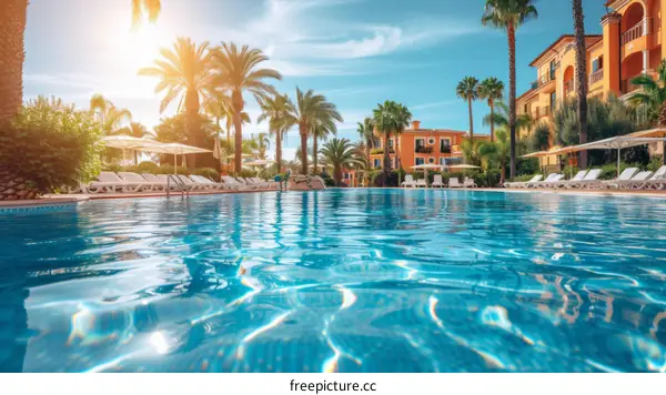 Palm trees and blue water in a swimming pool with a bright sunny day