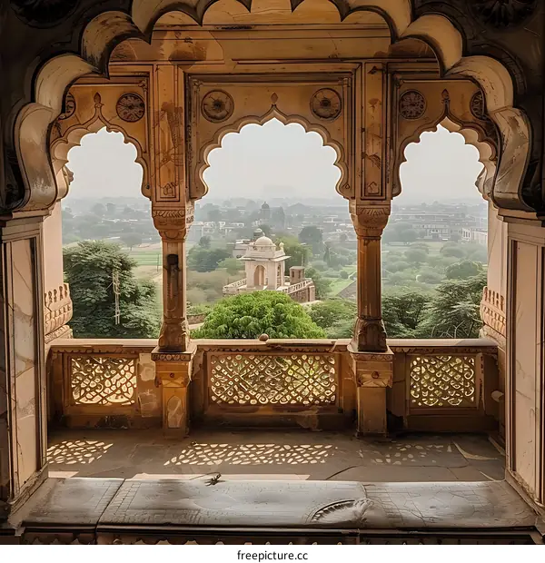 Stone Archway Balcony View of Cityscape