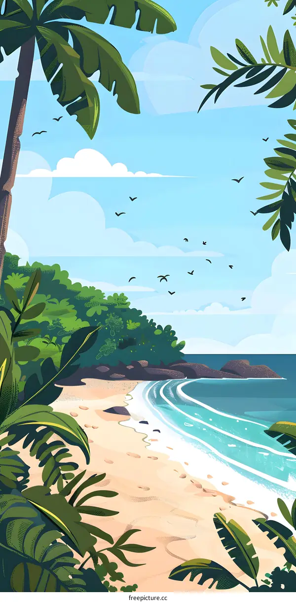 Tropical Beach with Palm Trees and Birds