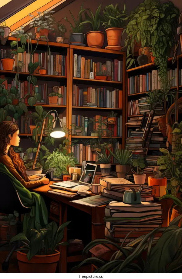 A woman is sitting at a desk in a library surrounded by books and plants