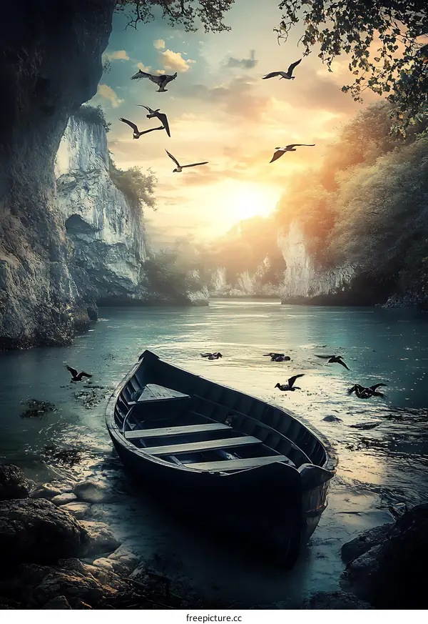 Scenic Sunset View with a Boat and Birds on a River in a Mountainous Landscape