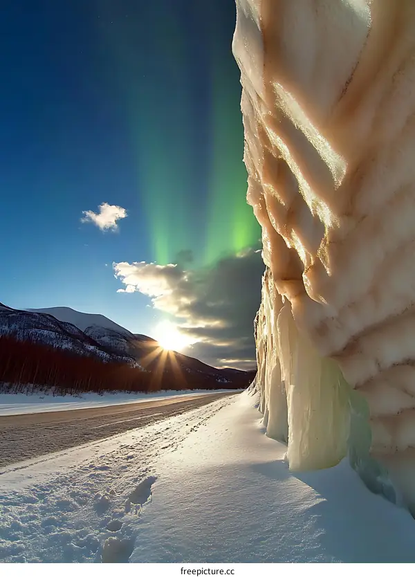 Northern Lights Shining Over Snowy Mountain Road