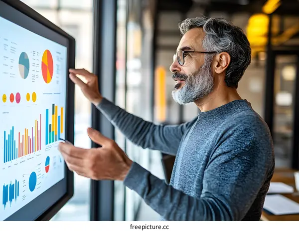 Man Presenting Data Analysis on Digital Screen