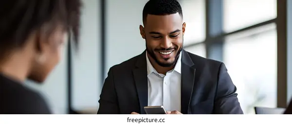 Smiling Businessman Looking at His Smartphone