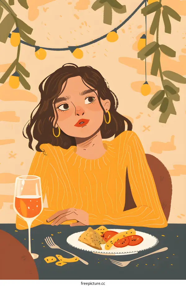 Woman in Yellow Sweater Eating at a Table with a Glass of Wine and a Plate of Food