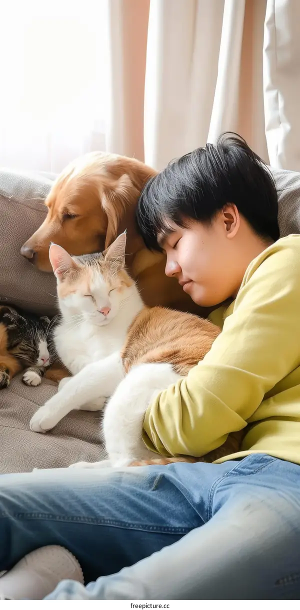 A young man is sleeping on the couch with his cat and dog